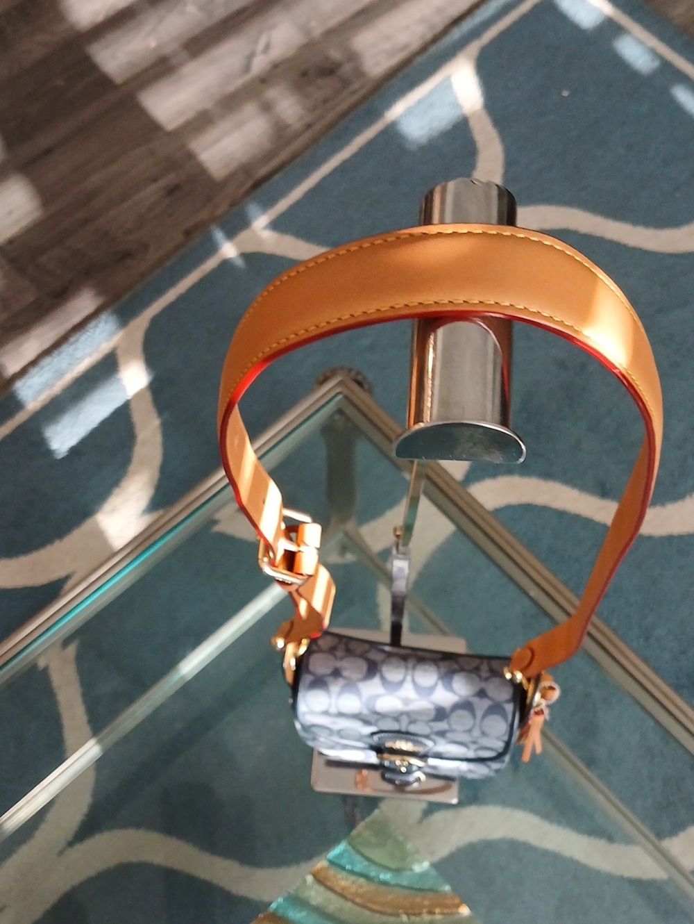 Coach Kleo Navy Signature Denim Crossbody with Tan Leather Strap and Tassel - Picture 4 of 10